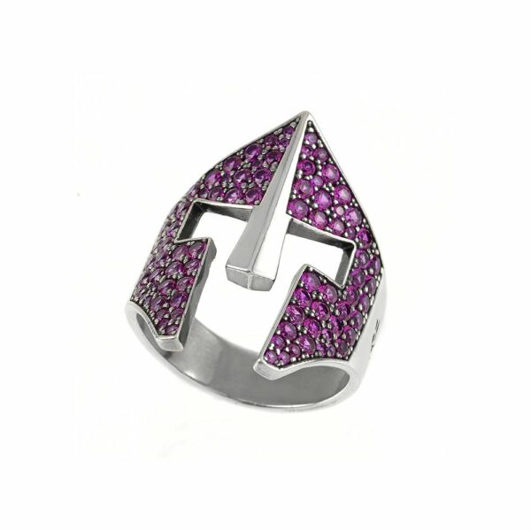 Female Gladiator Helmet Ring in Aged Silver with Zirconia ruby