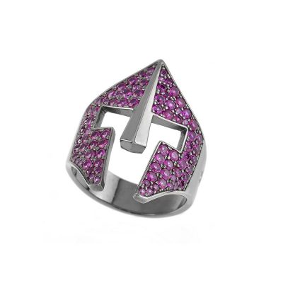 Anello Elmo Gladiatrice Pietre Ruby Rodio Nero