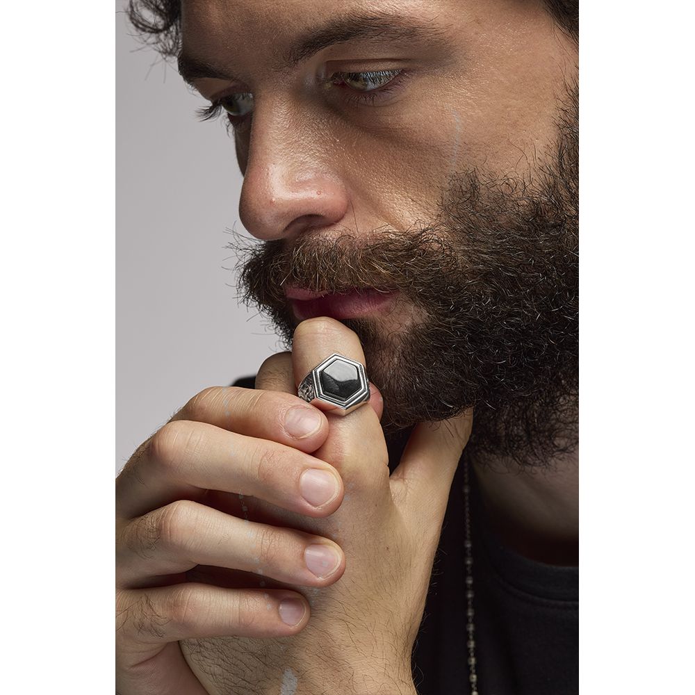 Anello Da Uomo Quadrato In Oro Bianco E Onice | - La Tua Gioielle