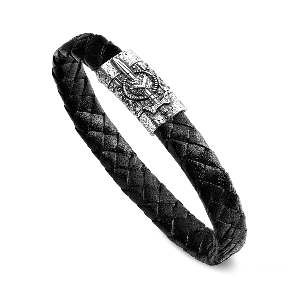 Bracelet Symbols Man Symbol Sword and Shield Black Leather