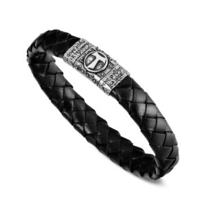 Tau bracelet black leather silver man