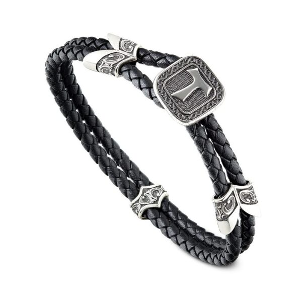 Bracciale Tau Pelle Nera Tubolare Gioielli Argento Uomo Ellius