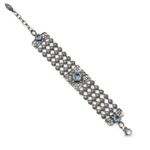 Bracciale Trama Floreale Maglia Barocca Argento Invecchiato Pietra celeste Gioielli Ellius