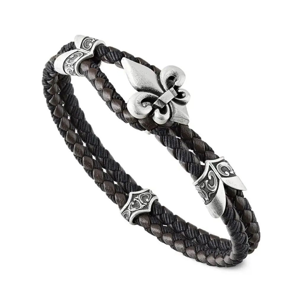 Bracciale in pelle con passanti e giglio in argento